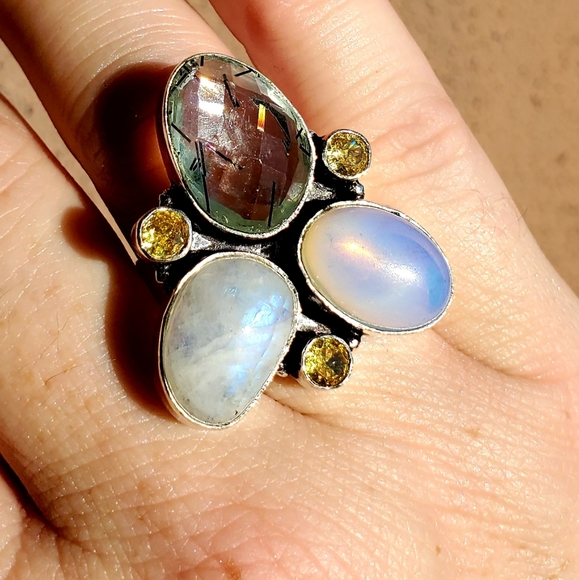 New Rutile Quartz, Opalite, Citrine & Rainbow Moonstone 925 Silver Ring. - Picture 11 of 14